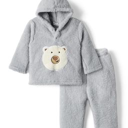Babyhug Fur Woven Hooded Winter Wear Suit With Bear Patch Detailing - Grey-picture-16