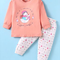 CUCUMBER Sinker Knit Full Sleeves Night Suit with Deer Print - Coral & White-image-88