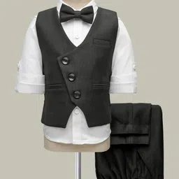 Robo Fry Cotton Woven Full Sleeves Solid Color 3 Piece Party Suits with Bow - Black-image-41