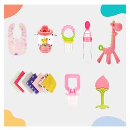 Kritiu Baby Feeding Essential Combo 1 Giraffe Teether 1 Food Feeder 1 Sippy Cup 1 Fruit Nibbler 1 Pacifier 1 Fruit Shape Teether 1 Pcs Bib With Hanky-(Pack of 8)-12