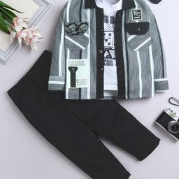 Fourfolds Cotton Blend Woven Full Sleeves Striped Shirt & Trousers With Tee Set - Black-picture-40