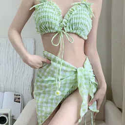 LULU & SKY Checked Swim Bikini Top & Bottom With Cover-Up Sarong-image-92