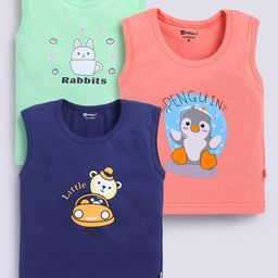 MooNKids Infants Pack Of 3 Printed Cotton Basic Vests MK_Vest_342 Pink Navy Coral-1