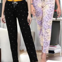 Kryptic Purple & Black Cotton Relaxed Fit Printed Lounge Pant - Pack of 2-image-98
