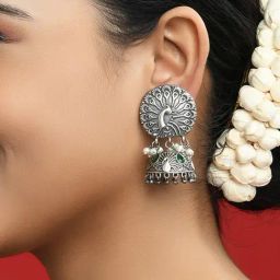 Fida Silver-Plated Green Stone Studded Peacock Jhumki Earrings-37