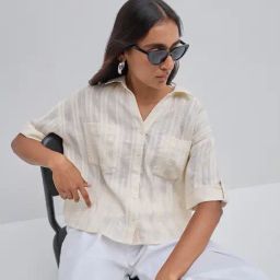 LOV by Westside Light Beige Self Cotton Shirt-image-3