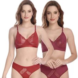 AROUSY Red & Maroon Self Pattern Bra Panty Set - Pack Of 2-image-14