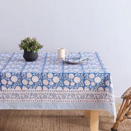 HANDICRAFT PALACE Blue 7 Pieces Floral Printed Cotton 4-Seater Table Cover With Napkins-picture-24