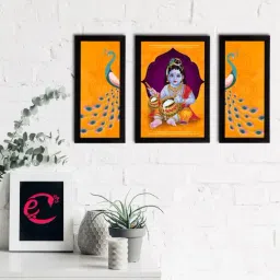 eCraftIndia Set of 3 Lord Krishna Satin Matt Texture UV Art Painting-35
