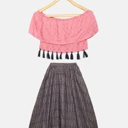 Kiddopanti Kids Peach & Navy Printed Lehenga with Top-image-19