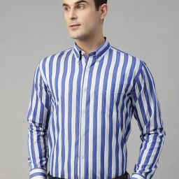Hancock Blue & White Cotton Slim Fit Striped Shirt-image-52