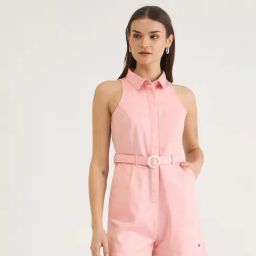 Elle Pink Pure Cotton Solid Sleeveless Playsuit-image-13