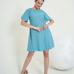 PURVAJA Turquoise Textured Half Sleeves A-Line Dress-image-98