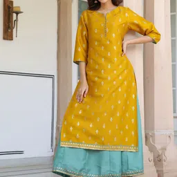 KALINI Women Mustard Silk Blend Foil Printed Anarkali Ethnic Dress-9