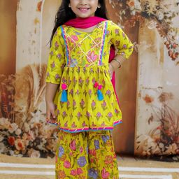 KID1 Girls Floral Printed Empire Gotta Patti Pure Cotton Kurti with Sharara & With Dupatta-image-52