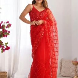 Saree Mall Red Net Embellished Saree with Blouse Piece-picture-0
