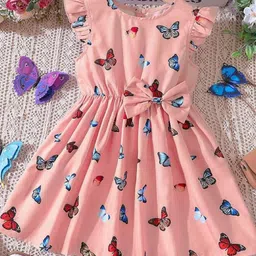 White World Girls Butterfly Printed Bow Fit & Flare Dress-image-94