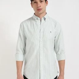 Tommy Hilfiger Nouveau Green & White Cotton Regular Fit Striped Shirt-image-49