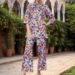 DressBerry Floral Printed Shirt Collar Pure Cotton Tunic with Palazzos-image-52