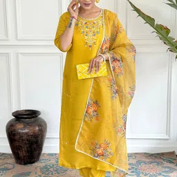 KALINI Women Ethnic Motifs Embroidered Regular Thread Work Chanderi Silk Kurta with Trousers & With Dupatta-42