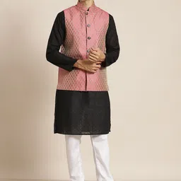 SOJANYA Men Black Chikankari Pure Cotton Kurta with Churidar & Nehru Jacket-image-89