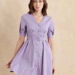 RAREISM Purple Cotton Blend Solid Short Sleeves Dress-image-66