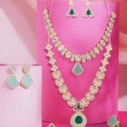 Zaveri Pearls Coloured Stones Green Alloy Necklaces Earrings and Rings Set-image-59