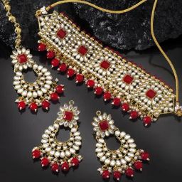 Peora Kundan Red Pearl Choker Necklace with Dangle Earrings Maang Tikka Jewellery set-picture-32