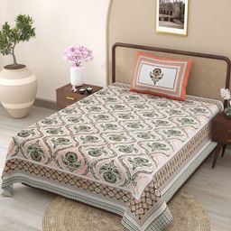 TrueYarns Beige & Black Floral Printed Pure Cotton 300 TC Single Bedsheet Set-1.52mx2.28m-image-75