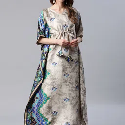 Cottinfab Women Grey & Blue Geometric Printed Flared Sleeves Kaftan Kurta-picture-19