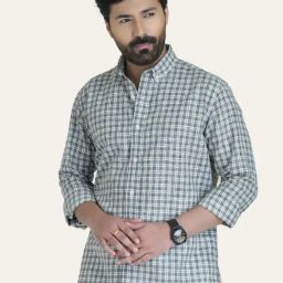 Perch Green Cotton Linen Slim Fit Checked Shirt-image-1