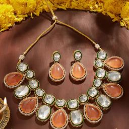 Zaveri Pearls Enamel Meenakari Peach and Green Alloy Necklace and Earring Set-image-57