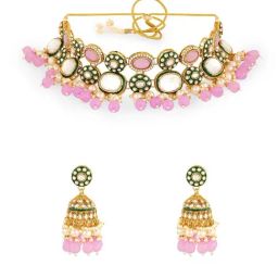Zaveri Pearls Purple Stones Beads Green Meenakari Dazzling Kundan Necklace & Earring Set-1