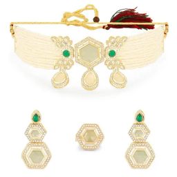 Zaveri Pearls Green Stones Multistrand Beaded Choker Earring & Ring Set-image-95