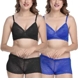 AROUSY Black & Blue Self Pattern Bra Panty Set - Pack Of 2-image-97