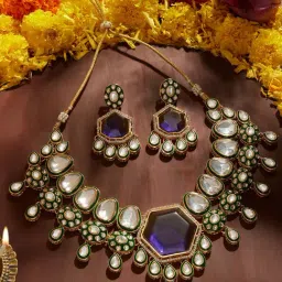 Zaveri Pearls EnamelorMeenakari Purple and Green Alloy Necklace and Earring Set-image-1