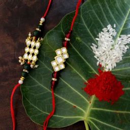 Karatcart Gold-Plated Kundan Rakhi with Roli Chawal & Greeting Card for Brother - Set of 2-image-96