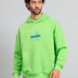 GRIFFEL Parrot Green Loose Fit Graphic Print Oversized Hooded Sweatshirt-image-14