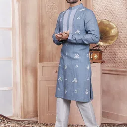 EVASTRO Ethnic Motifs Embroidered Regular Pure Cotton Straight Kurta with Trousers-image-57