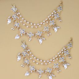 PRIVIU Gold-Plated Kundan Studded & Beaded 3 Layered Contemporary Ear Cuff-image-18