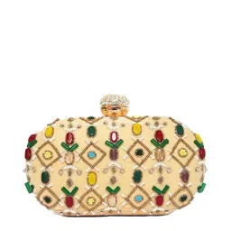 NR by Nidhi Rathi Beige Fabric Minaudiere Clutch-image-91