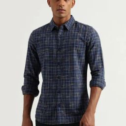 United Colors Of Benetton Navy Blue Cotton Slim Fit Checks Shirt-image-28