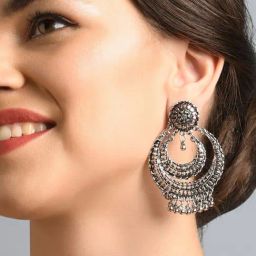 Fida Oxidised Silver Chand Bali Earrings-image-34