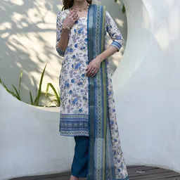 BE IN TEXO FAB Floral Printed Chikankari Pure Cotton Kurta With Trousers & Dupatta-image-13
