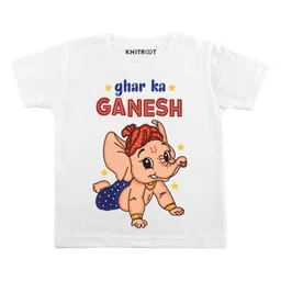 KNITROOT Half Sleeves Ghar Ka Ganesh Diwali Theme Tee - White-picture-15