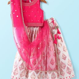Babyhug Sleeveless Embroidered Choli With Foil Printed Lehenga And Dupatta- Pink & Off White-image-0