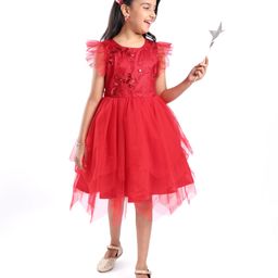 Pine Kids Woven Frill Sleeves Floral Embroidered Party Dress with Sequin Detailing - Scarlet Red-image-20
