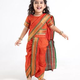 Babyhug Half Sleeves Blouse And Zari Bordered Nauvari Saree - Orange-image-89