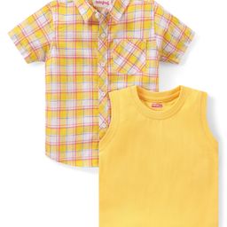 Babyhug Cotton Woven Half Sleeves Checked Shirt With Solid Sleeveless T-Shirt - Yellow-4