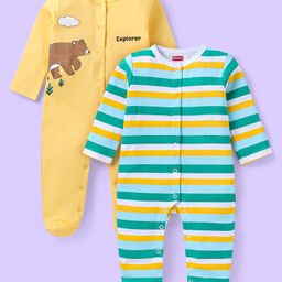 Babyhug Cotton Knit Full Sleeves Striped & Bear Printed Sleep Suits Pack of 2 - Yellow & Green-picture-21